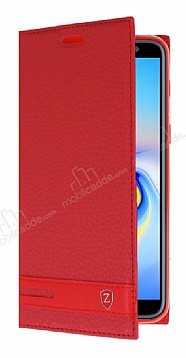 Samsung Galaxy J4 Plus Gizli Mknatsl Yan Kapakl Krmz Deri Klf