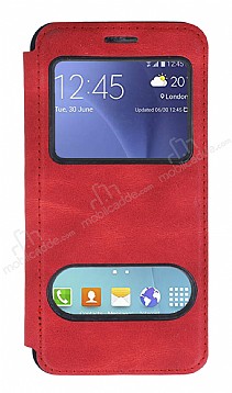 Samsung Galaxy J5 ift Pencereli Kapakl Krmz Klf