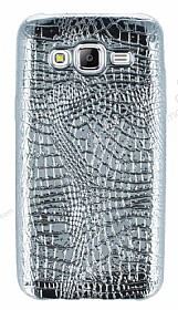Samsung Galaxy J5 Deri Desenli Parlak Silver Silikon Klf