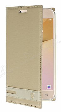 Samsung Galaxy J5 Prime Gizli Mknatsl Yan Kapakl Gold Deri Klf