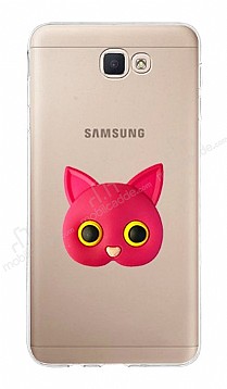 Samsung Galaxy J7 Prime Kedi Figrl Telefon Tutuculu Koyu Pembe Silikon Klf