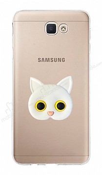 Samsung Galaxy J7 Prime Kedi Figrl Telefon Tutuculu Beyaz Silikon Klf