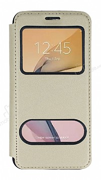 Samsung Galaxy J7 Prime / Prime 2 ift Pencereli Kapakl Gold Klf