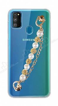 Samsung Galaxy M30S Beyaz ncili Gold Zincirli Klf