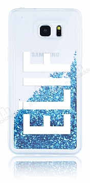 Samsung Galaxy Note 5 Kiiye zel Simli Sulu Mavi Rubber Klf