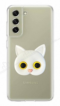 Samsung Galaxy S21 FE 5G Kedi Figrl Telefon Tutuculu Beyaz Silikon Klf