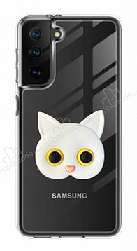 Samsung Galaxy S21 Kedi Figrl Telefon Tutuculu Beyaz Silikon Klf