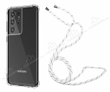 Samsung Galaxy S21 Ultra Beyaz Çizgili Askılı Şeffaf Silikon Kılıf