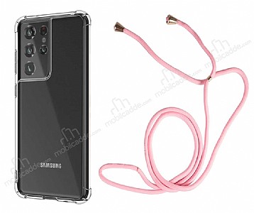 Samsung Galaxy S21 Ultra Pembe Askılı Şeffaf Silikon Kılıf