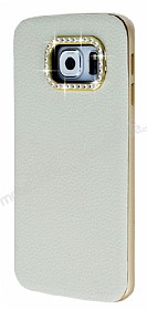 Samsung Galaxy S6 Edge Tal Metal Kenarl Beyaz Deri Klf