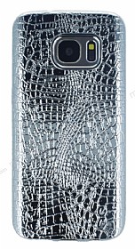 Samsung Galaxy S7 Deri Desenli Parlak Silver Silikon Klf