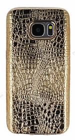 Samsung Galaxy S7 Deri Desenli Parlak Gold Silikon Klf