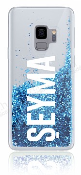 Samsung Galaxy S9 Kiiye zel Simli Sulu Mavi Rubber Klf