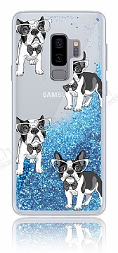 Samsung Galaxy S9 Plus Simli Sulu Resimli Kpekli Mavi Silikon Klf
