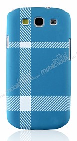 Samsung Galaxy S3 / S3 Neo Mat Mavi Beyaz Ekose Sert Rubber Klf