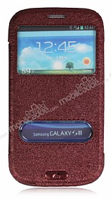 Samsung Galaxy S3 / S3 Neo Standl Pencereli Bordo Deri Klf