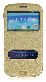 Samsung Galaxy S3 / S3 Neo Standl Pencereli Gold Deri Klf