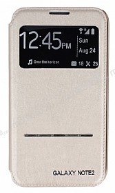 Samsung N7100 Galaxy Note 2 Pencereli Manyetik Kapakl Gold Deri Klf
