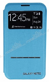 Samsung N7100 Galaxy Note 2 Pencereli Manyetik Kapakl Mavi Deri Klf