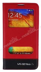Samsung N9000 Galaxy Note 3 Gizli Mknatsl ift Pencereli Krmz Deri Klf