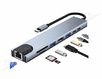 Shaza 8in1 USB Type-C Hub Port Adaptr HDMI USB Ethernet PD Girili