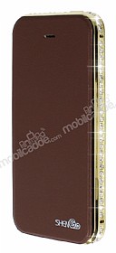 Shengo iPhone SE / 5 / 5S Tal Metal Kenarl nce Yan Kapakl Kahverengi Deri Klf