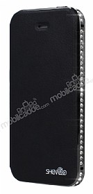 Shengo iPhone SE / 5 / 5S Tal Metal Kenarl nce Yan Kapakl Siyah Deri Klf