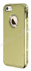 Shengo iPhone SE / 5 / 5S Tal Metal Kenarl Gold Deri Klf