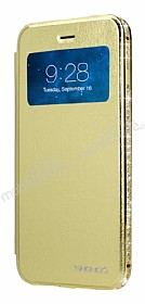 Shengo iPhone 6 Plus / 6S Plus Tal Metal Kenarl nce Yan Kapakl Gold Deri Klf