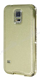 Shengo Samsung i9600 Galaxy S5 Tal Metal Kenarl Gold Deri Klf