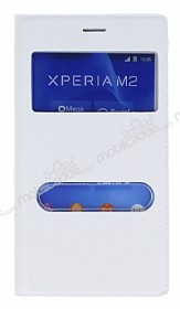 Sony Xperia M2 ift Pencereli nce Kapakl Beyaz Deri Klf