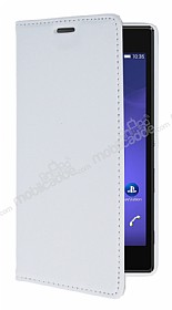 Sony Xperia T3 Gizli Mknatsl Standl Beyaz Deri Klf