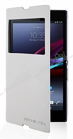 Sony Xperia Z Ultra Pencereli Kapakl Beyaz Deri Klf