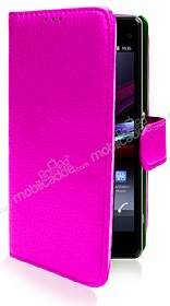 Sony Xperia Z1 Compact Czdanl Yan Kapakl Pembe Deri Klf
