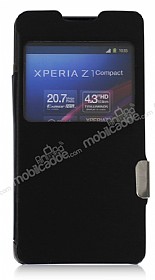 Sony Xperia Z1 Compact Pencereli nce Yan Kapakl Siyah Deri Klf
