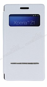 Sony Xperia Z1 Pencereli Manyetik Kapakl Beyaz Deri Klf