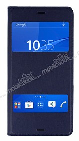 Sony Xperia Z3 ift Pencereli nce Kapakl Koyu Mavi Klf