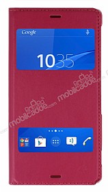 Sony Xperia Z3 ift Pencereli nce Kapakl Pembe Klf
