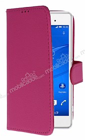 Sony Xperia Z3 Compact Czdanl Yan Kapakl Pembe Deri Klf