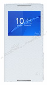 Sony Xperia Z3 Plus Pencereli nce Yan Kapakl Beyaz Klf