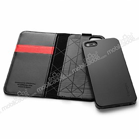Spigen iPhone SE / 5 / 5S Wallet Kapakl Siyah Deri Klf