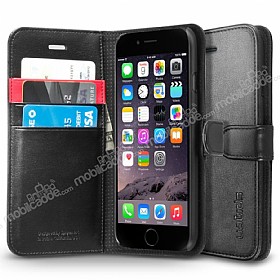 Spigen iPhone 6 Plus / 6 Plus Wallet Standl Kapakl Siyah Deri Klf