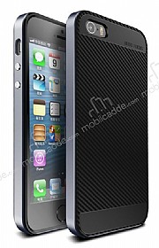 Totu Design iPhone SE / 5 / 5S Dark Silver Kenarl Siyah Karbon Silikon Klf