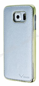 Uniico Samsung Galaxy S6 Metal Kenarl Silver Deri Klf
