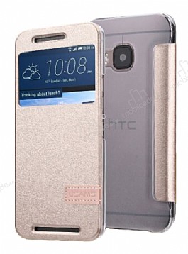 Usams Muge Series HTC One M9 Pencereli Standl Gold Deri Klf