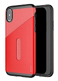 Baseus Card Pocket iPhone X / XS Silikon Kenarlı Kırmızı Rubber Kılıf