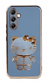 Eiroo Aynalı Kitty Samsung Galaxy A14 4G Standlı Mavi Silikon Kılıf