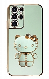 Eiroo Aynalı Kitty Samsung Galaxy S21 Ultra Standlı Yeşil Silikon Kılıf