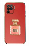 Eiroo Aynalı Parfüm Oppo Reno5 F Standlı Kırmızı Silikon Kılıf