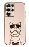 Eiroo Bulldog Samsung Galaxy S21 Ultra Standl Pembe Silikon Klf